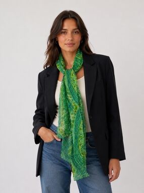 Jones New York Green Paisley Sheer Silk Scarf
